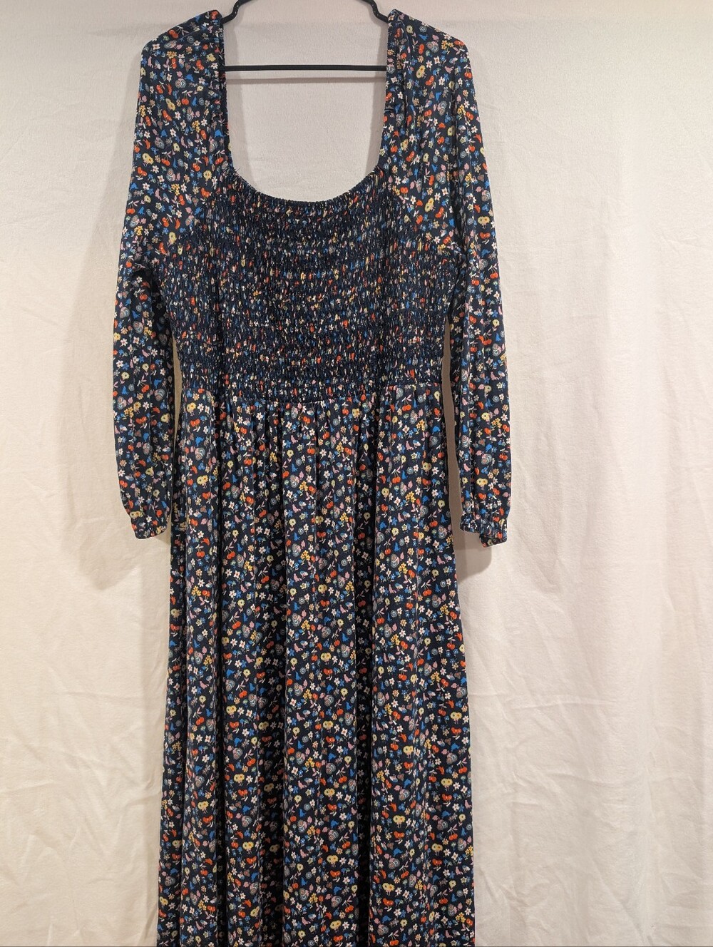 Boden Smocked Midi Jersey Navy Floral Long-Sleeve Maxi Dress Size 14